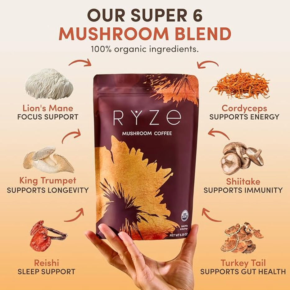 RYZE Organic Mushroom Coffee Medium Roast – 30 Servings
