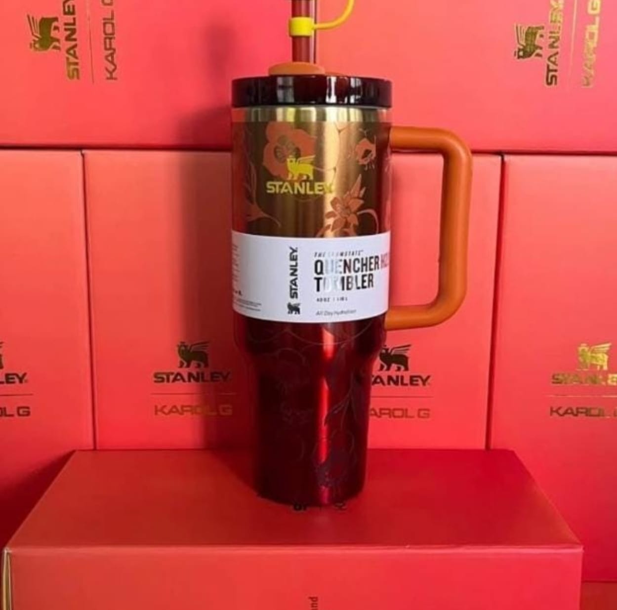 Stanley Quencher Tumbler 40oz β Floral Dark Red with Orange Handle