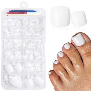 168pc Press on Toenails Women Fake Toe Nails with Glue Tabs, White Fake Toenails Press on Nails Short Square Acrylic Toe Nail Tips Glue on Toenails False Artificial Toe Nails Press ons