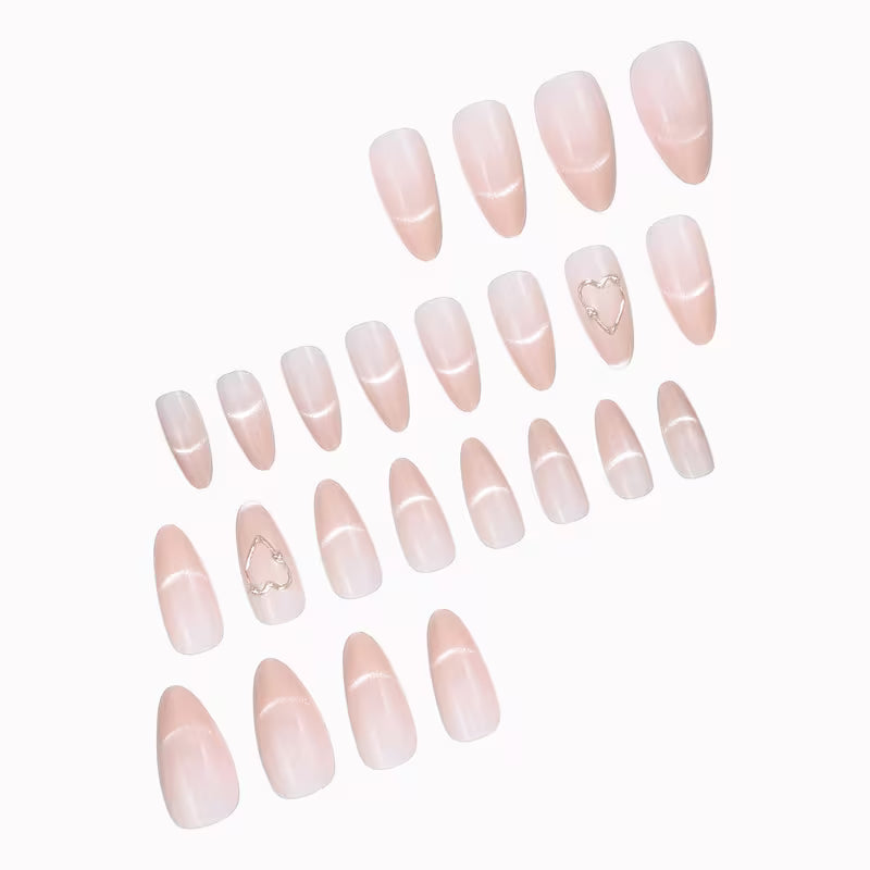 24pcs Pink Ombre Cat Eye Press-On Nails, Medium Almond Shape, Heart Design, Glossy Finish