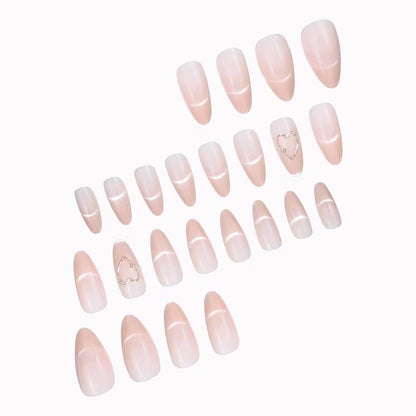 24pcs Pink Ombre Cat Eye Press-On Nails, Medium Almond Shape, Heart Design, Glossy Finish