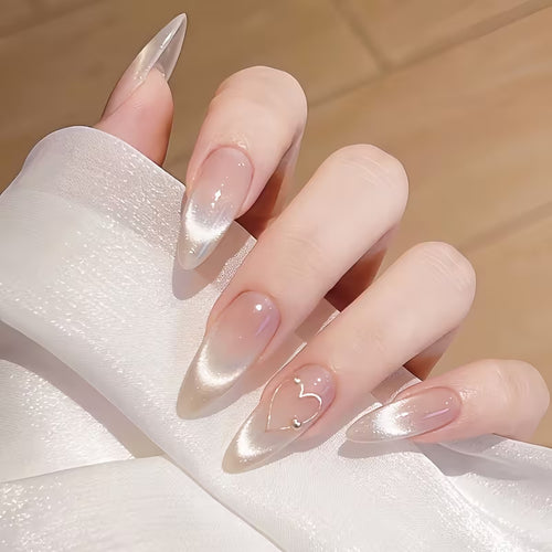 24pcs Pink Ombre Cat Eye Press-On Nails, Medium Almond Shape, Heart Design, Glossy Finish