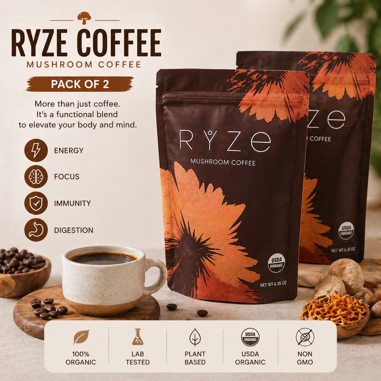 RYZE Organic Mushroom Coffee Medium Roast Pack of 2 | 60 Servings