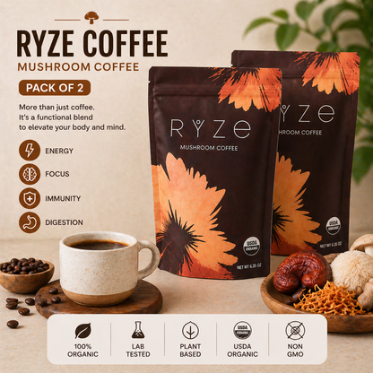 RYZE Organic Mushroom Coffee Medium Roast Pack of 2 | 60 Servings
