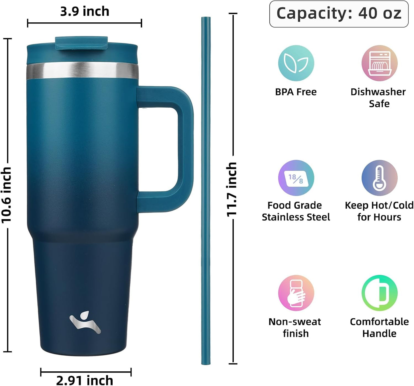 40 Oz Insulated Tumbler with Handle & Straw Lid | 1200ml Stainless Steel Travel Water Bottle