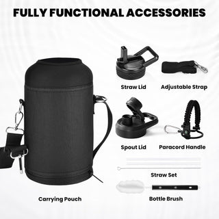 Black water bottle with accessories on a white background