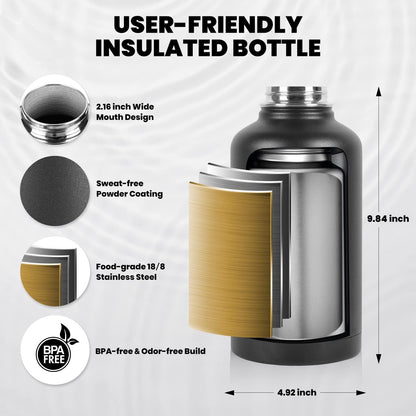 64 Oz Insulated Water Bottle | Triple-Wall Stainless Steel Half-Gallon Flask with Straw Lid & Handle