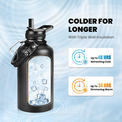 64 Oz Insulated Water Bottle | Triple-Wall Stainless Steel Half-Gallon Flask with Straw Lid & Handle