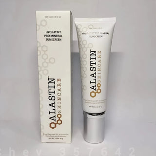 ALASTIN SKINCARE Hydratint Pro Mineral Sunscreen shown as a white squeeze tube with a silver cap next to its matching white packaging box on a light gray background.