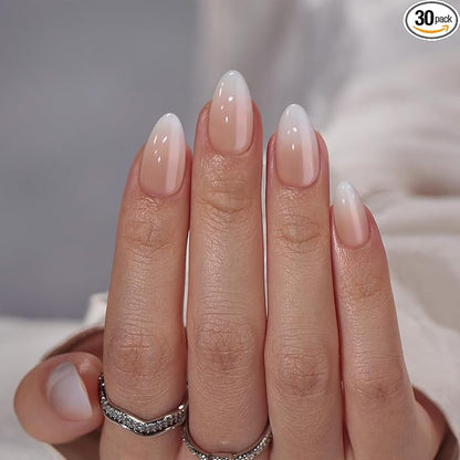 Almond Press On Nails Medium - Soft Gel Ombre Fake Nails with Nail Glue, Semi-Transparent Reusable Glue On Nails in 16 Sizes - 32PCS Stick On Nails Kit, Vanilla Cream Almond