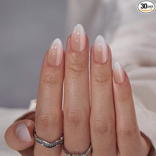 Almond Press On Nails Medium - Soft Gel Ombre Fake Nails with Nail Glue, Semi-Transparent Reusable Glue On Nails in 16 Sizes - 32PCS Stick On Nails Kit, Vanilla Cream Almond