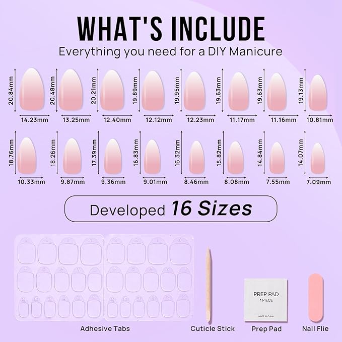 Almond Press On Nails Medium - Soft Gel Ombre Fake Nails with Nail Glue, Semi-Transparent Reusable Glue On Nails in 16 Sizes - 32PCS Stick On Nails Kit, Vanilla Cream Almond