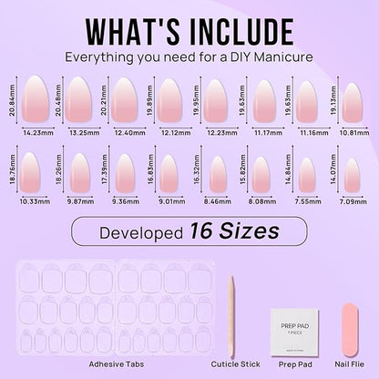 Almond Press On Nails Medium - Soft Gel Ombre Fake Nails with Nail Glue, Semi-Transparent Reusable Glue On Nails in 16 Sizes - 32PCS Stick On Nails Kit, Vanilla Cream Almond