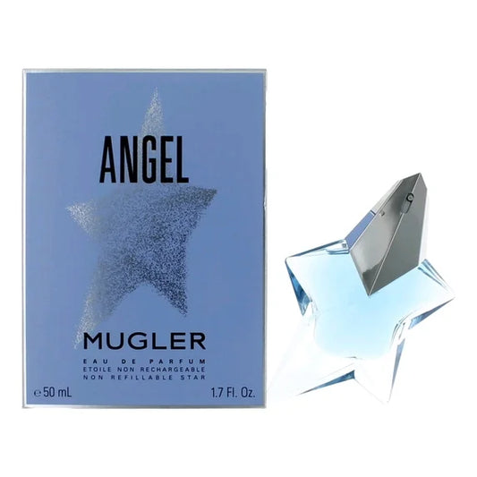 Mugler Angel perfume bottle and packaging on a white background