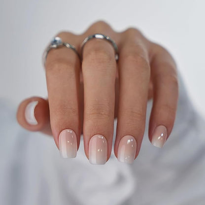 BTArtbox Square Ombre Press On Nails -Soft Gel Press On Nails Short with Nail Glue, 16 Sizes - 32 Reusable Fake Nails Kit, Vanilla Cream