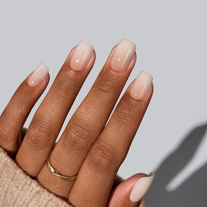 BTArtbox Square Ombre Press On Nails -Soft Gel Press On Nails Short with Nail Glue, 16 Sizes - 32 Reusable Fake Nails Kit, Vanilla Cream