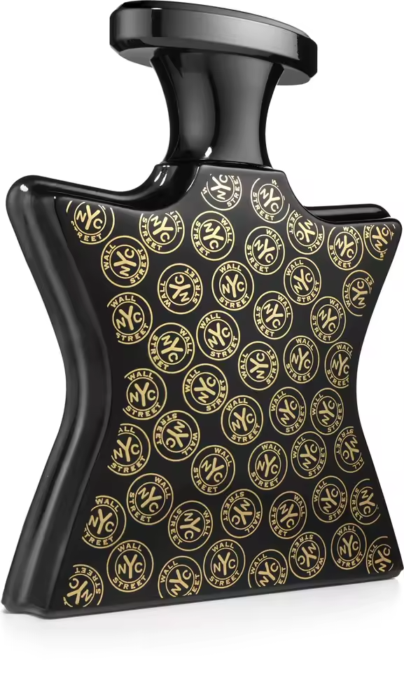 A black perfume bottle with a distinctive curved shape, featuring a repeating gold pattern of circular monogrammed medallions, set against a plain white background.
