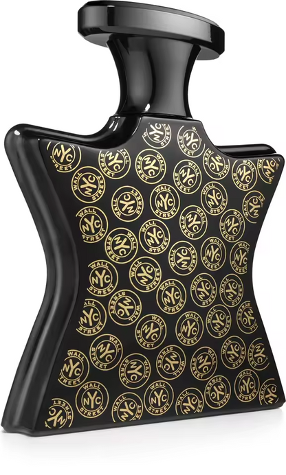 A black perfume bottle with a distinctive curved shape, featuring a repeating gold pattern of circular monogrammed medallions, set against a plain white background.