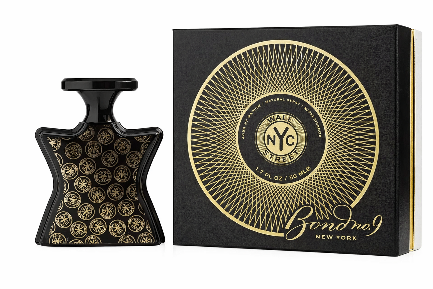 Black and gold perfume bottle and packaging with 'Bond No. 9' branding on a white background