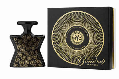 Black and gold perfume bottle and packaging with 'Bond No. 9' branding on a white background