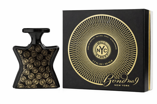 Black and gold perfume bottle and packaging with 'Bond No. 9' branding on a white background