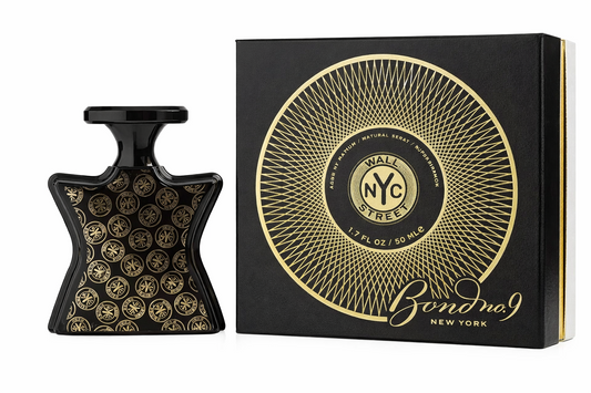 Black and gold perfume bottle and packaging with 'Bond No. 9' branding on a white background