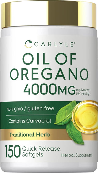 Supplement bottle labeled 'Oil of Oregano 4000mg' by Carlyle with gold cap and green label.