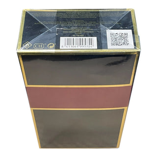 A rectangular product box with a glossy black finish, featuring a wide horizontal burgundy band across the middle and thin gold borders. The top flap is sealed with clear plastic wrap and shows a barcode, QR code, and small certification logos.