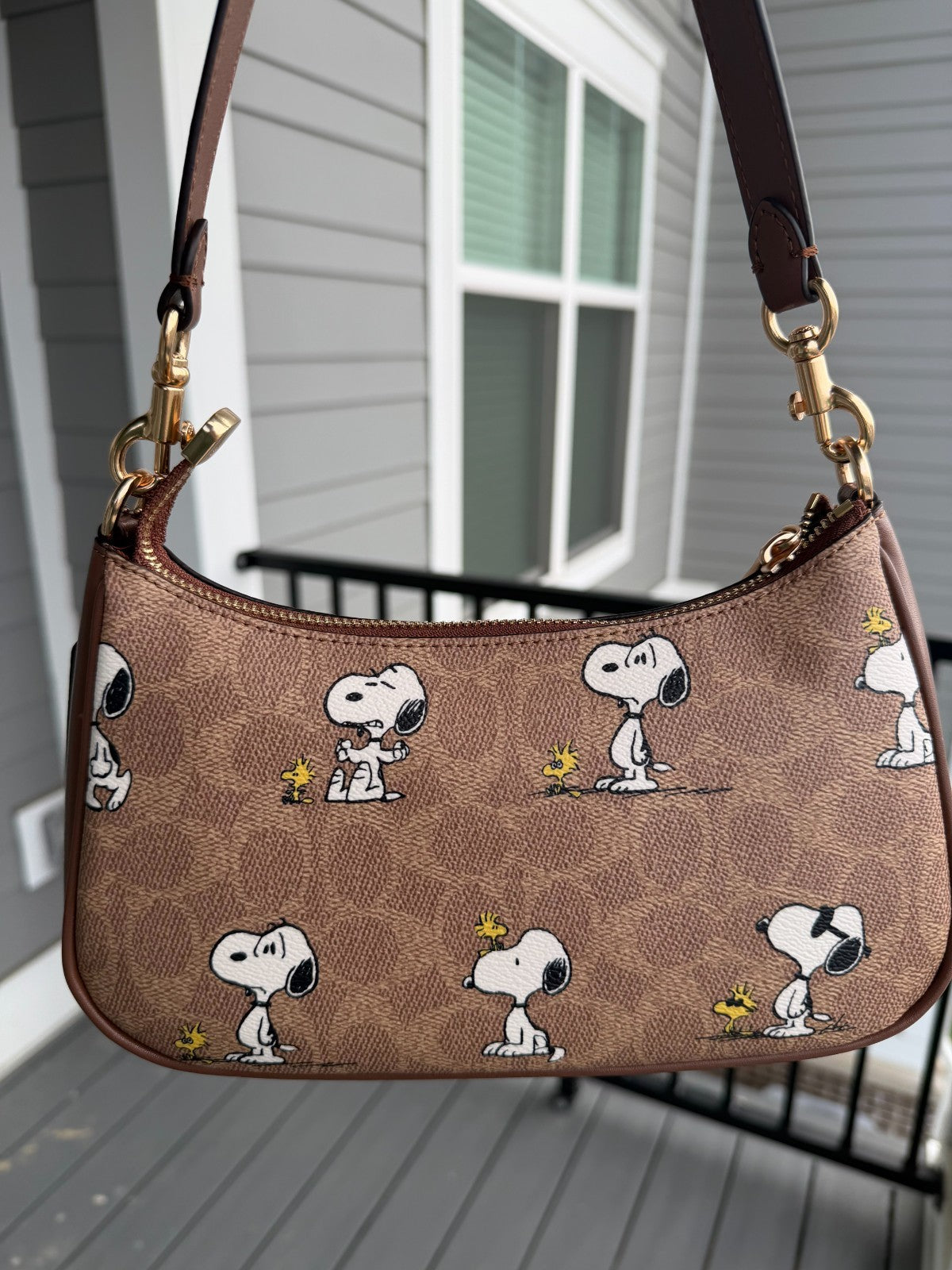 Coach x Peanuts Teri Shoulder Bag CBJ88 Snoopy Tan Brown Signature Canvas Handbag