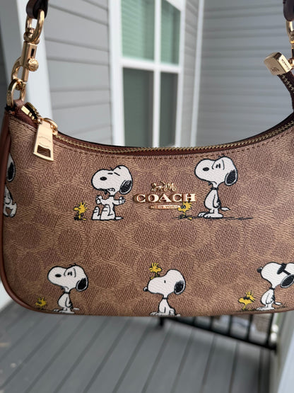 Coach x Peanuts Teri Shoulder Bag CBJ88 Snoopy Tan Brown Signature Canvas Handbag
