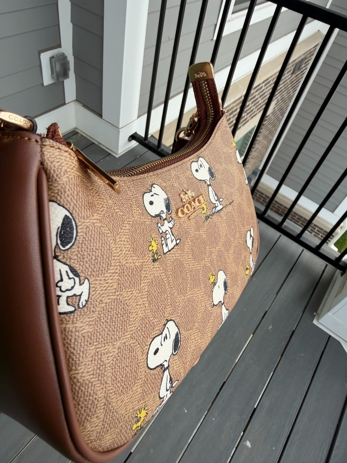 Coach x Peanuts Teri Shoulder Bag CBJ88 Snoopy Tan Brown Signature Canvas Handbag