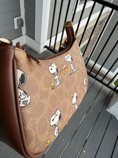 Coach x Peanuts Teri Shoulder Bag CBJ88 Snoopy Tan Brown Signature Canvas Handbag