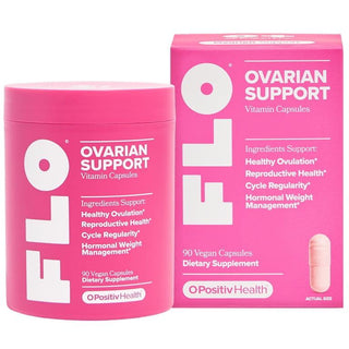 A pink jar and matching pink box of Opositiv Health Ovarian Support Vitamin Capsules on a clean white background.