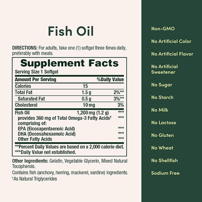 Omega-3 Fish Oil 1200mg Softgels | 360mg Omega-3 | 200 Count | Burpless Formula