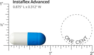 Blue and white cylindrical object labeled 'Instaflex Advanced' with a measurement scale showing dimensions and a comparison to a one cent piece.