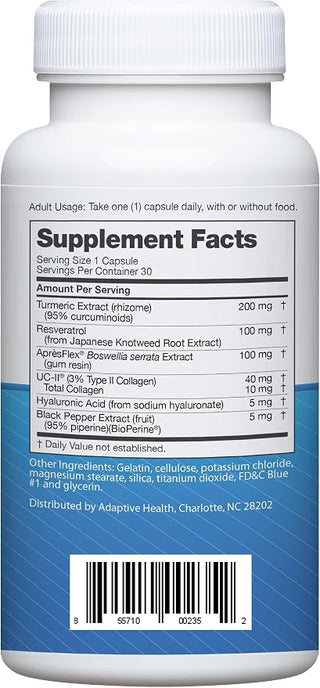 Back side of a white plastic supplement bottle showing the Supplement Facts label with a blue lower section and a barcode.