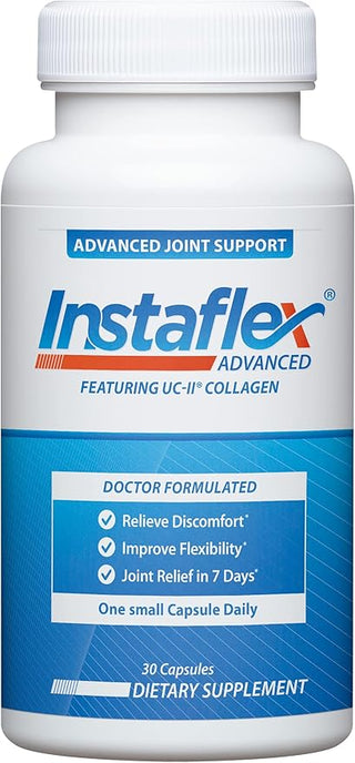 A white bottle of Instaflex Advanced dietary supplement with a blue and white label, featuring the brand name 'Instaflex' and text for 'Advanced Joint Support'.