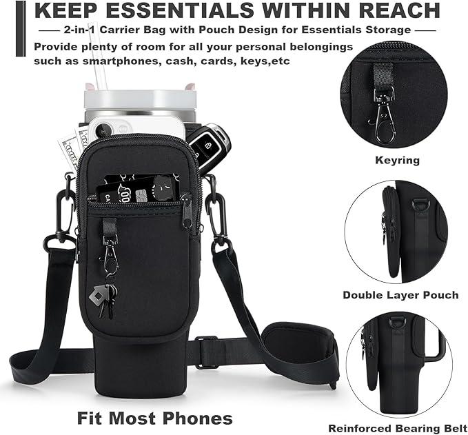 Insulated Water Bottle Carrier Bag with Phone Pocket | Adjustable Shoulder Strap & Cup Holder