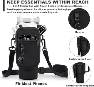 Black 2-in-1 carrier bag with pouch design for essentials storage, featuring keyring, double layer pouch, and reinforced bearing belt.