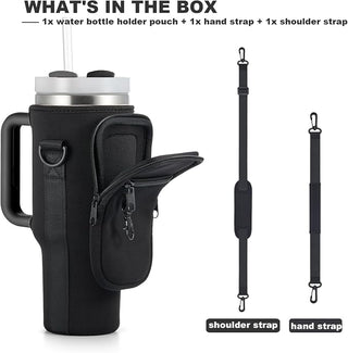 Black water bottle holder pouch with shoulder and hand strap on a white background