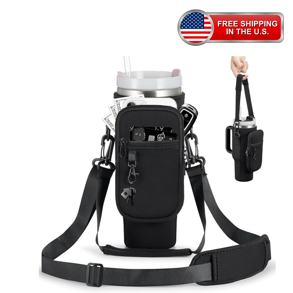 Insulated Water Bottle Carrier Bag with Phone Pocket | Adjustable Shoulder Strap & Cup Holder