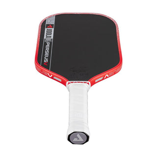 Red and black pickleball paddle with white handle on a white background