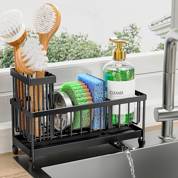Kitchen Sink Sponge Holder with Brush Organizer | 304 Stainless Steel Sink Caddy