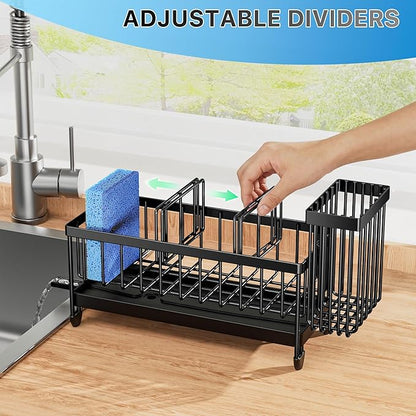 Kitchen Sink Sponge Holder with Brush Organizer | 304 Stainless Steel Sink Caddy