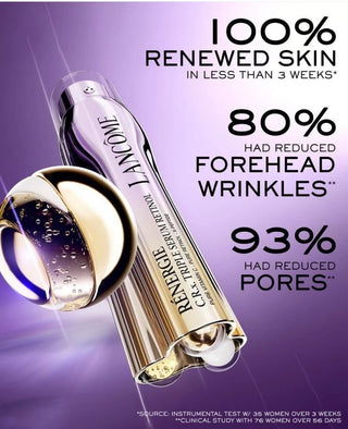 Lancème eye serum with promotional text on a purple background