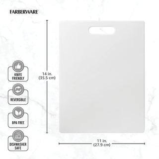 White Farberware cutting board shown on a light marble background with dimension lines indicating 14 in. height and 11 in.