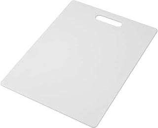A white rectangular cutting board with rounded corners and a handle cutout at the top, shown on a plain white background.