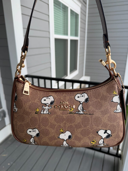 Coach x Peanuts Teri Shoulder Bag CBJ88 Snoopy Tan Brown Signature Canvas Handbag