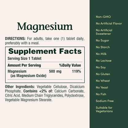 Nature's Bounty Magnesium 500mg Tablets – 200 Count | Daily Mineral Supplement