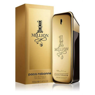 Paco Rabanne 1 Million Eau de Toilette bottle and packaging box, both in a metallic gold finish with black lettering, on a white background with a subtle reflection.